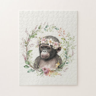 boho baby monkey with wildflower wreath jigsaw puzzle