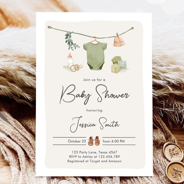 Boho Baby Shower Boy Neutral Clothes Rustic Invitation (Creator Uploaded)
