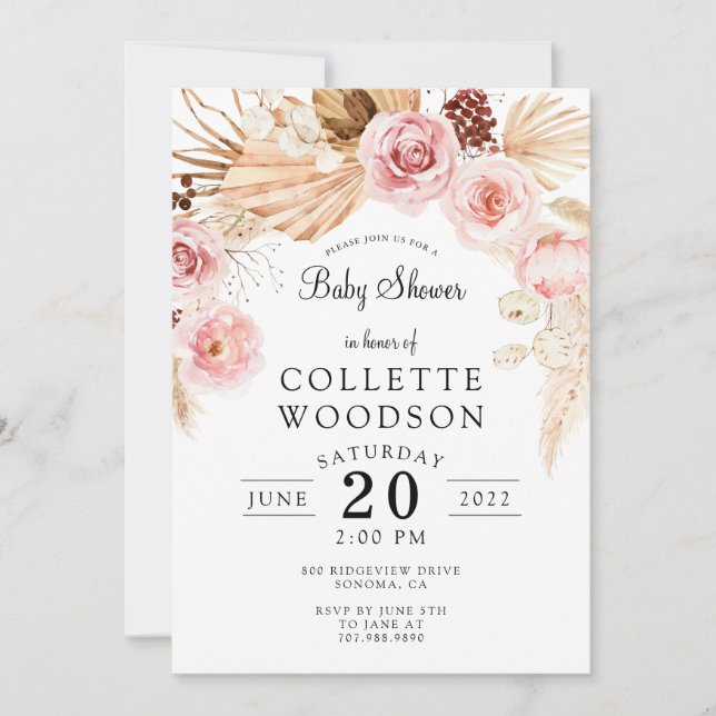Boho Baby Shower Floral Blush Pink Cream  Invitation (Front)