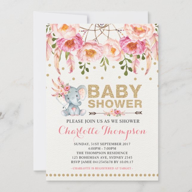 Boho Baby Shower Invitation Pink Gold Elephant (Front)