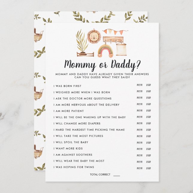 Boho Baby Shower | Mummy or Daddy Game Invitation (Front/Back)