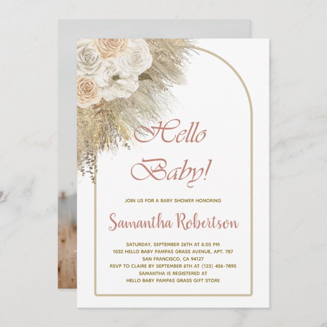Boho Baby Shower Pampas Grass Botanical Photo Invitation (Front/Back)
