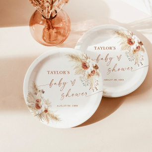 Boho Baby Shower Paper Plates   Modern Floral 