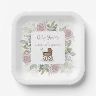 Boho Baby Shower Pink Botanical Floral Vintage  Paper Plate