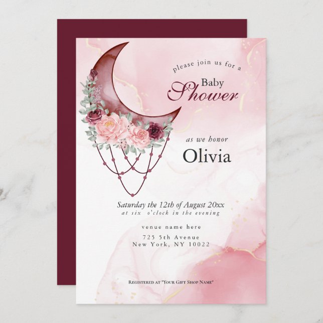 Boho Baby Shower Pink Crescent Moon Mandala Invitation (Front/Back)