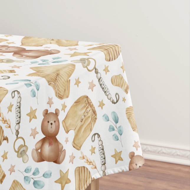 Boho Baby Shower Tablecloth – Clothes & Teddy Bear (In Situ)