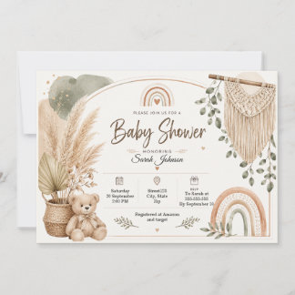 Boho Baby Shower Teddy Bear Rainbow Pampas Custom Invitation