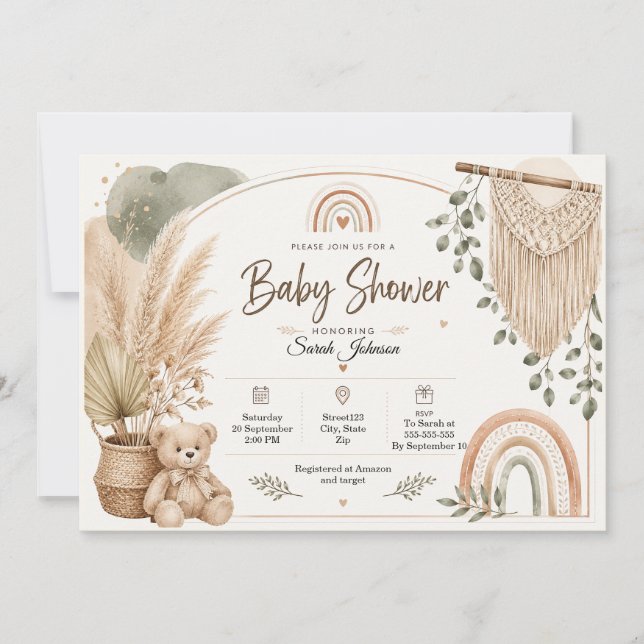 Boho Baby Shower Teddy Bear Rainbow Pampas Custom Invitation (Front)
