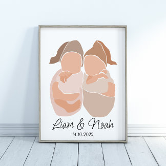 Boho Baby Twin Boys Name Nursery  Poster