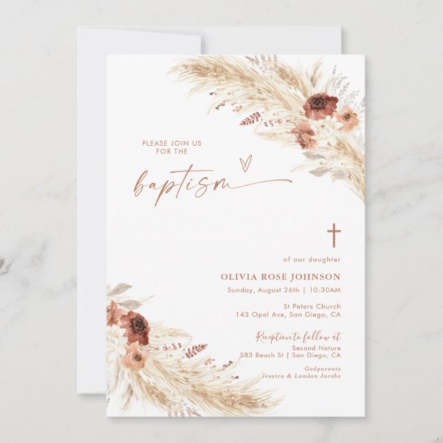 Boho Baptism Invite, Pampas Grass Boho Christening Invitation (Front)