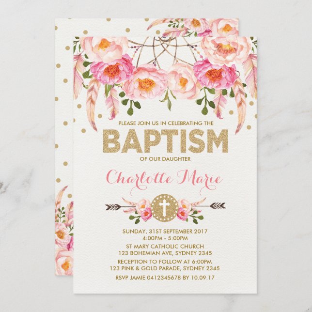 Boho Baptism Invite Pink Gold Floral Dreamcatcher (Front/Back)