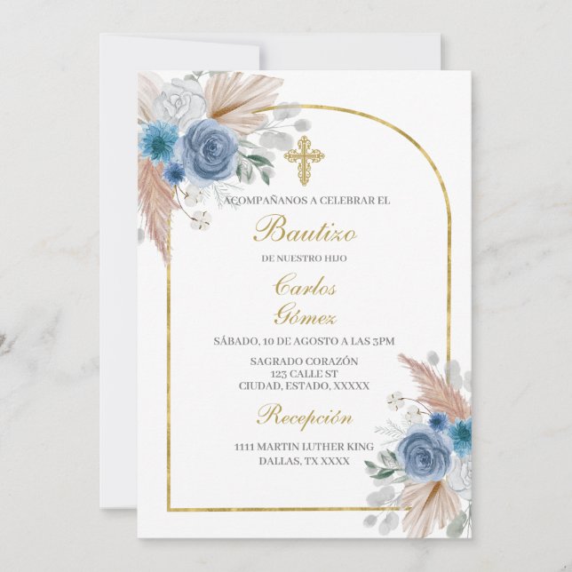 Boho Baptism Spanish for boy Invitation (Front)
