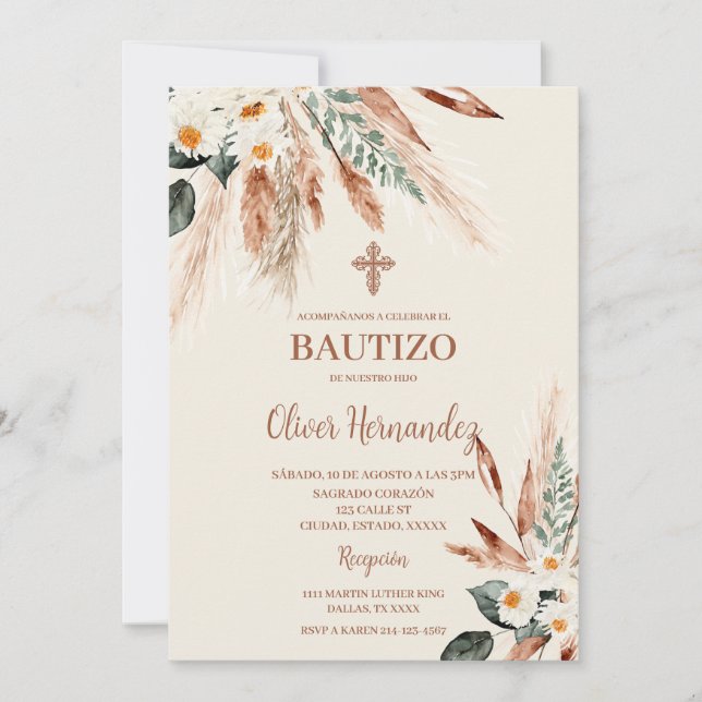 Boho Baptism Spanish Invitation (Front)