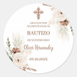 Boho Baptism Spanish Invitation Classic Round Sticker