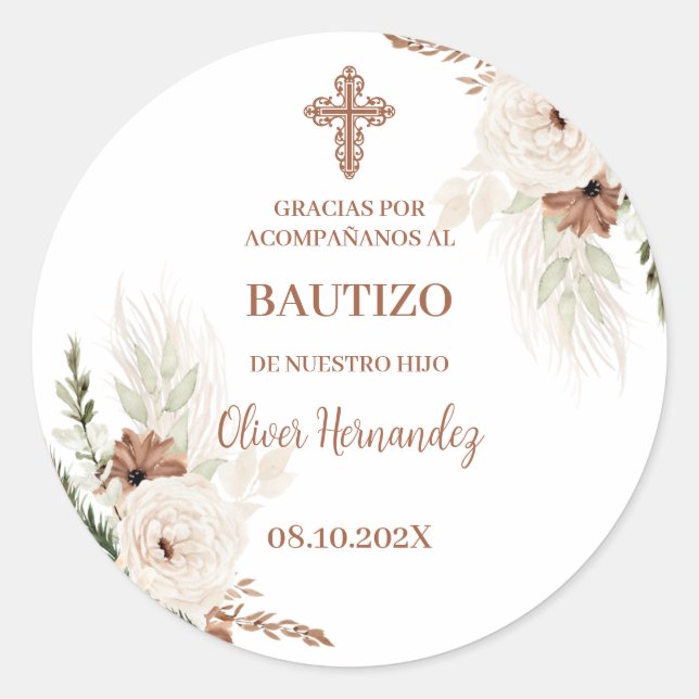 Boho Baptism Spanish Invitation Classic Round Sticker (Front)