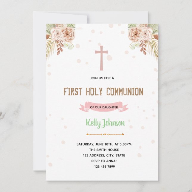 Boho baptism theme invitation (Front)