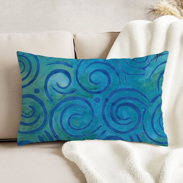 Boho Batik Blue Green Spirals Pattern Decorative Cushion (Creator Uploaded)