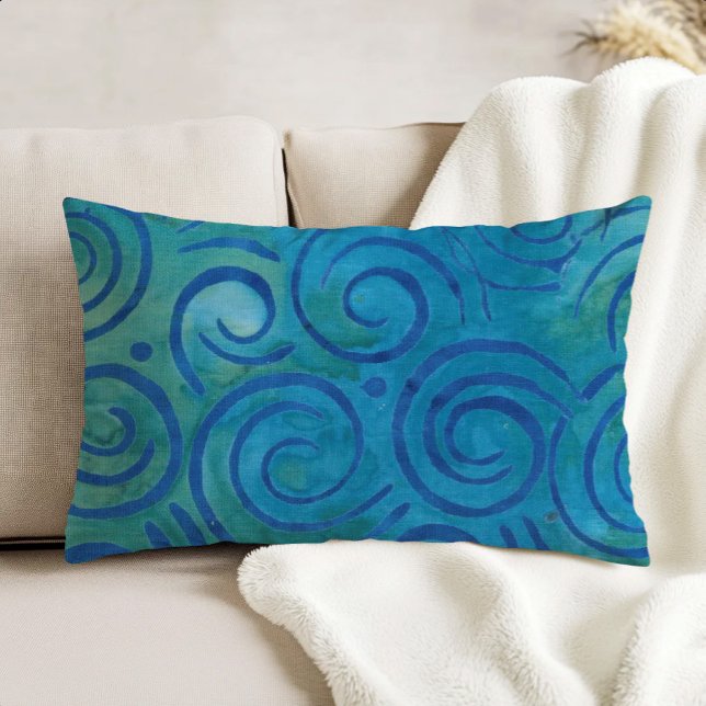 Boho Batik Blue Green Spirals Pattern Decorative Cushion (Creator Uploaded)