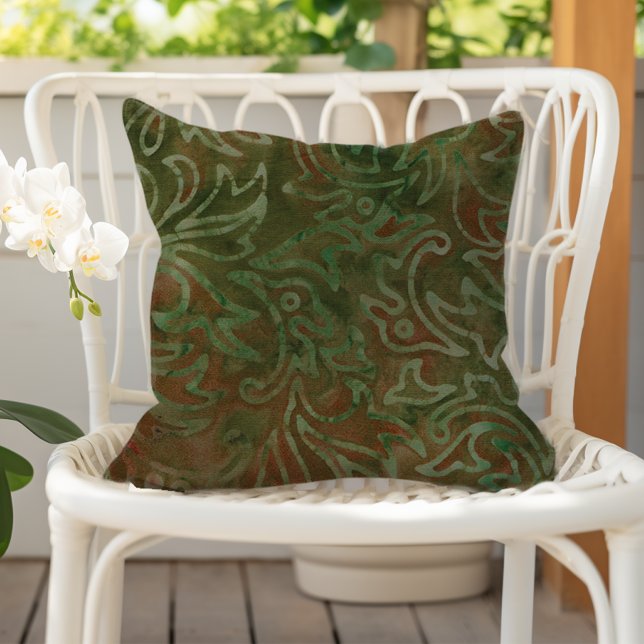 Boho Batik Green and Rust Foliage Pattern Cushion (Creator Uploaded)