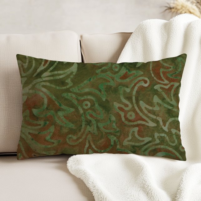 Boho Batik Green and Rust Foliage Pattern Decorative Cushion (Creator Uploaded)