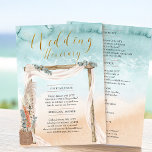 Boho Beach Arbor Ocean Wedding Itinerary Card<br><div class="desc">Boho beach wedding itinerary card with rustic arbor, elegant gold calligraphy and watercolor ocean shoreline. This beautiful design has a sandy beach, bohemian chic style wedding arch decorated with voile and eucalyptus with a basket of pampas grass and tropical flowers. "wedding itinerary" is hand lettered and the template is ready...</div>