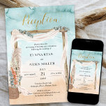 Boho Beach Arbor Wedding Reception Only Invitation<br><div class="desc">Boho beach wedding reception only invitation for your "after the wedding" celebration, with rustic arbor, elegant gold calligraphy and watercolor ocean shoreline. This beautiful design has a sandy beach, bohemian chic style wedding arch decorated with voile and eucalyptus with a basket of pampas grass and tropical flowers. "Reception" is hand...</div>