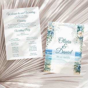 Boho Beach Blue Floral Arch Wedding Program Programme