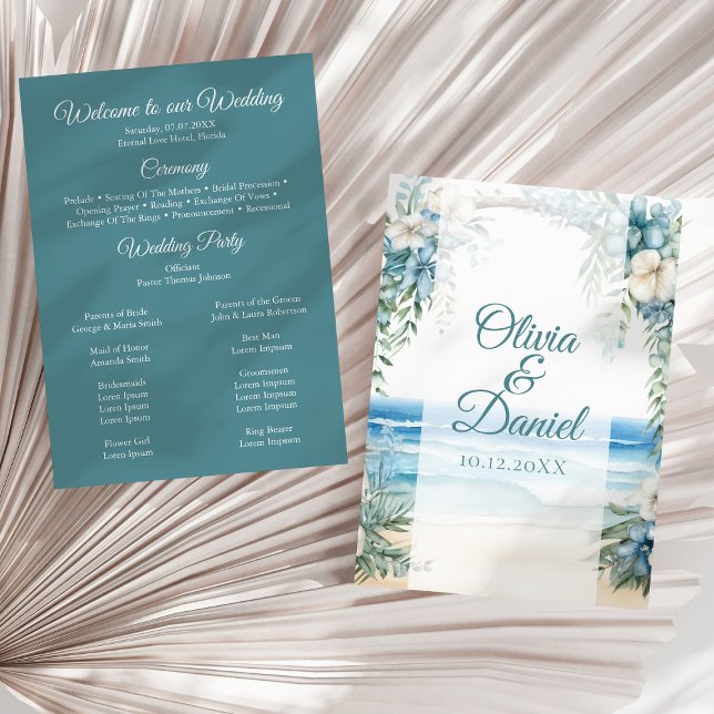 Boho Beach Blue Floral Arch Wedding Program Programme (Boho Beach Blue Floral Arch Wedding Program on a sunny neutral dry palm leaf.)