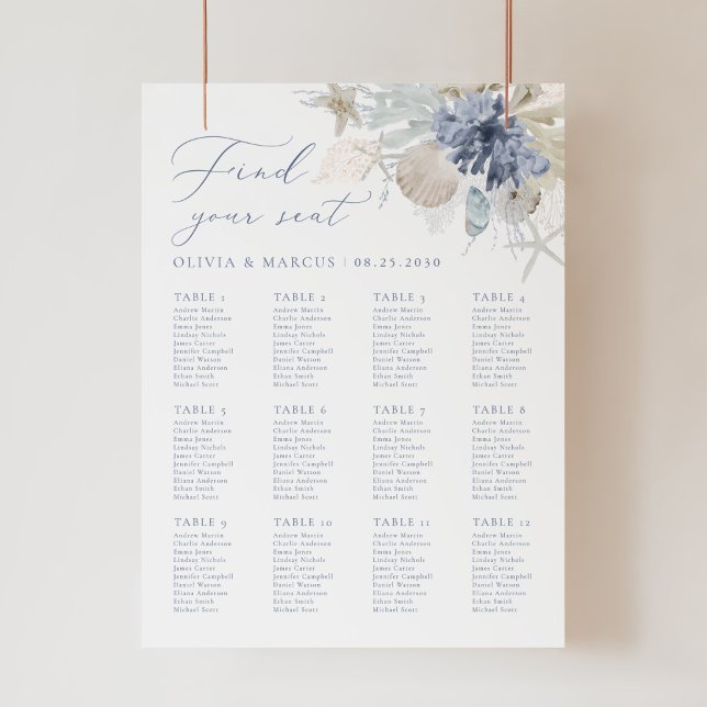 Boho Beach Blue Wedding Seating Chart Sign Poster (Creator Uploaded)