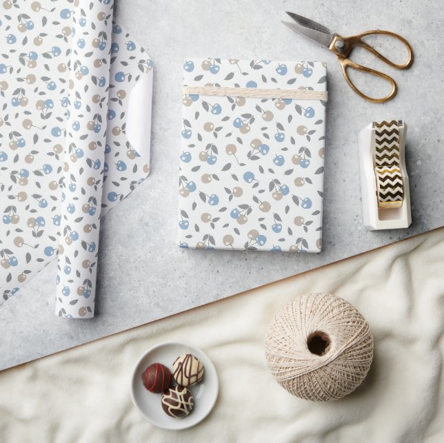 Boho Beach Cherries - beige blue fruit pattern. Wrapping Paper (Crafts)