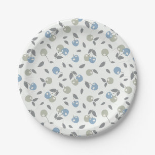 Boho Beach Cherries - sage blue fruit pattern. Paper Plate