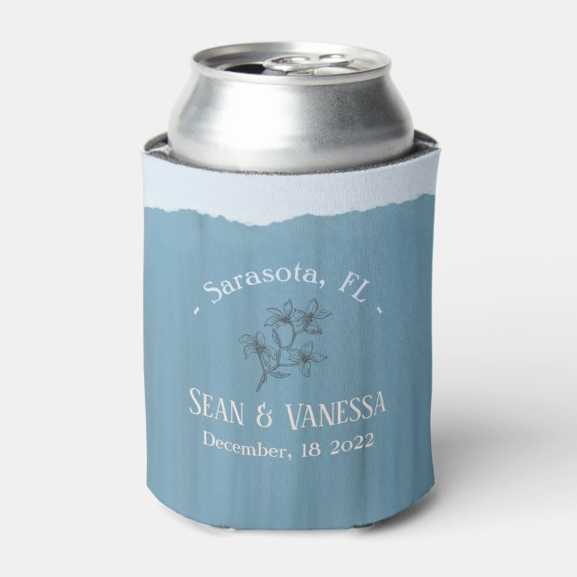 Boho Beach Dusty Blue Wedding Can Cooler (Can Front)