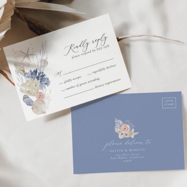 Boho Beach Elegant Romantic Blue Wedding RSVP Card (RSVP Card Front/Back)