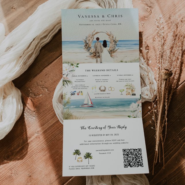Boho Beach | Illustrated Wedding Tri-Fold Invitation (Creator Uploaded)