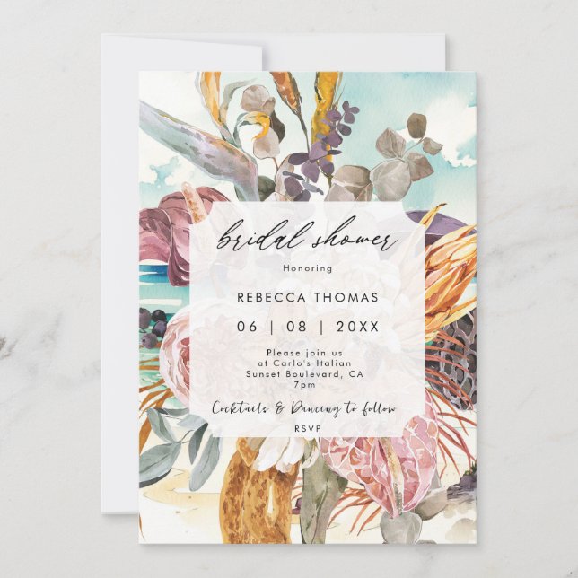boho beach orange florals bridal shower invitation (Front)