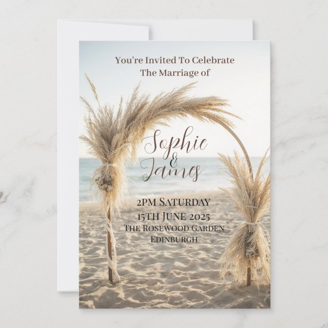 Boho Beach Pampas Grass Arch Wedding Invitation (Front)