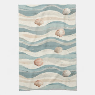 Boho Beach Seashell Waves Tea Towel