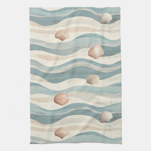 Boho Beach Seashell Waves Tea Towel (Vertical)