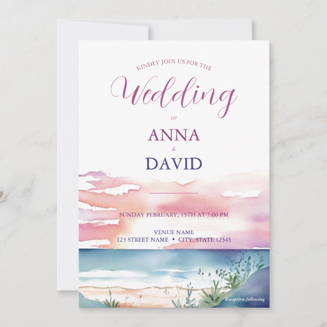 Boho Beach Sunrise Watercolor Destination Wedding Invitation (Front)
