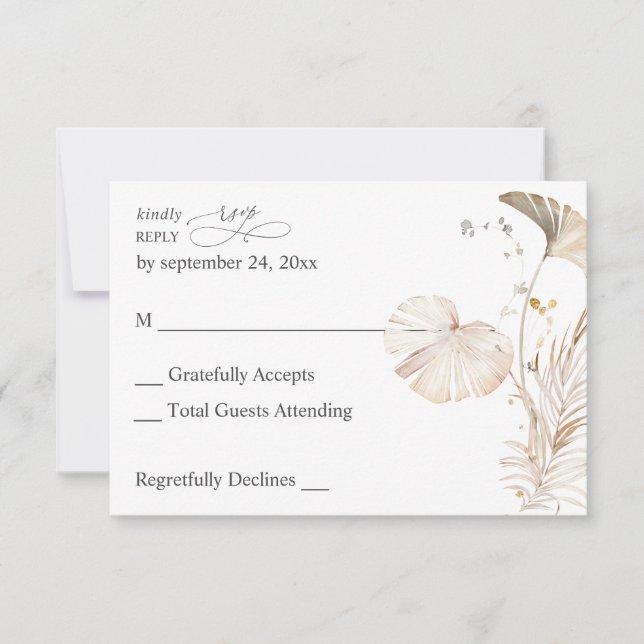 Boho Beach Tropical Beige Floral no Meal RSVP Card (Front)