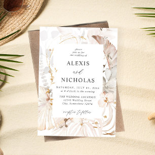 Boho Beach Tropical Beige Floral Wedding Invitation
