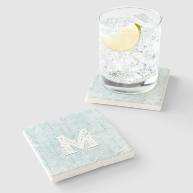 Boho Beach Wood Rustic Monogram Coastal Modern Stone Coaster (Side)