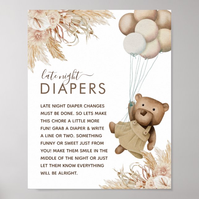 Boho Bear Baby Shower 'Late Night Diaper' Poster (Front)
