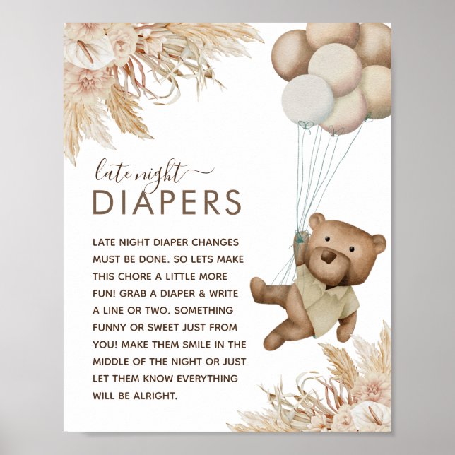 Boho Bear Baby Shower 'Late Night Diaper' Poster (Front)