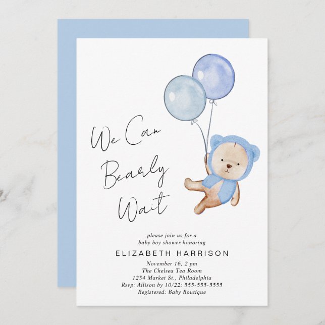 Boho Bear Bearly Wait Baby Boy Shower Invitation (Front/Back)