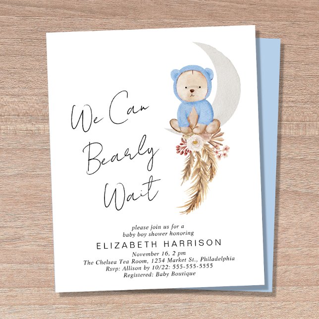 Boho Bear Bearly Wait Baby Boy Shower Invitation (Creator Uploaded)