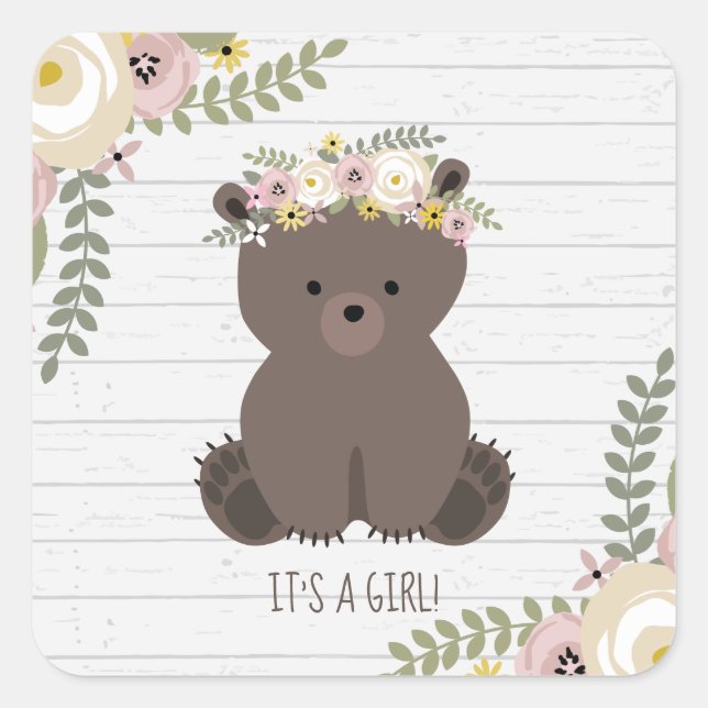 Boho Bear Grey Wood Baby Shower Square Sticker (Front)