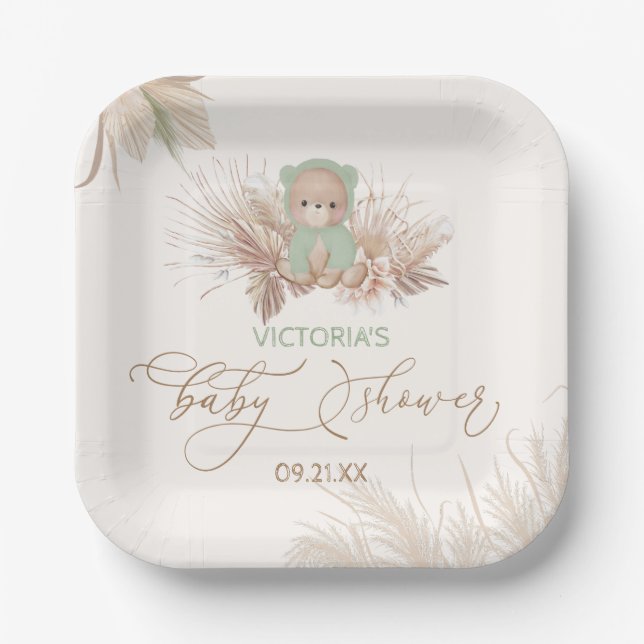 Boho Bear Pampas Baby Shower Green Paper Plate (Front)