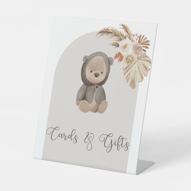 Boho Bear Pampas Grass Baby Shower Cards And Gifts Pedestal Sign (Front)