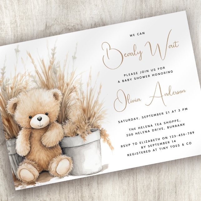 Boho Bear Pampas Grass Bearly Wait Baby Shower Invitation (Creator Uploaded)